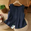 Colete de camisa elegante e simples de algodão e linho sem mangas para mulheres, top de verão de abotoamento simples com gola redonda, blusa de linho com design bidirecional