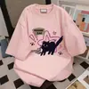 Camiseta Manga Curta Estampada Gato Desenho Verão Drew Versátil Solta Verão Par Versátil Top Ins