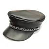 Exportación Transfronteriza Cuero de PU Cadena Sombrero Azul Marino Negro Plano Corta Ala Sombrero Hombres y Mujeres Retro Cadena de Hierro Cuero Sombrero Personalización