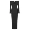En Stock Vestido Largo de Manga Larga Plegado Blanco y Negro Estilo Francés Vestido Elástico sin Hombros Estilo Vacaciones Primavera