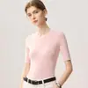 Camiseta de manga corta para mujer, cuello redondo, ajuste ceñido, de hilo Yangzi 100% lana de hilado fino, top de punto suave y cómodo
