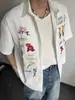 Camisa Retro Americana Estilo Waffle Floral Bordado Colorido, Manga Corta, Holgada, Casual, Versátil