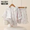 Pijama Infantil Feminino Estilo Coreano, Conjunto de Verão Fino Fofo para Bebê Menina, Algodão Puro Gaze Infantil Manga 3/4 Roupa de Casa