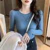 Capa base año primavera otoño nuevo top de cuello redondo ropa interior camisa de punto para mujer suéter elegante ajustado de manga larga