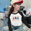 Estilo Coreano Mistura de Lã Raglan Manga Longa Casual Camada Base Top Outono Inverno Meninas Fashionável Doce Estiloso Desenho Animado Gola Redonda Camiseta