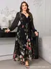 Vestido feminino preto com estampa floral em chifon, tamanho plus size, transfronteiriço, decote V, mangas compridas, cintura marcada, saia fluida, elegante, longo