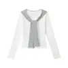 Camiseta Heyhenry Estilo Preppy con Chal de Manga Larga para Mujer 2025 Cuello Azul Falso Dos Piezas Ajustada Corta Coreana