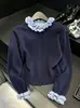 Cardigã de gola franzida color block estilo francês, novo casaco outono 2026 estilo coreano elegante e jovial para mulheres