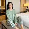 Pijama Cuadros Clásico Blanco y Negro para Mujer, Primavera y Otoño, Cuello Redondo, Se Puede Usar Afuera, Imitación de Algodón, Transpirable, Delgado, Ropa de Casa, Conjunto de Manga Larga