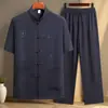 Traje Tang para Hombre de Seda de Hielo Manga Corta Verano Cuello Vertical Estilo Chino Bordado Camisa para Hombre de Mediana Edad y Mayor Hanfu para Papá