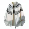 Suéter de tricô jacquard Fair Isle para homens e casais, jaqueta cardigã com gola alta, estilo old money, outono e inverno, atacado de fábrica transfronteiriço