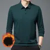 Camisa base casual masculina de cor sólida, espessa para outono e inverno, com fleece, gola de lapela, manga longa, polo, vestimenta de negócios