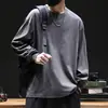 Nueva camiseta de manga larga de algodón puro Jingtao para hombre, primavera y otoño, color liso, camiseta básica, top casual holgado, camiseta de cuello redondo con capucha