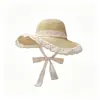 Chapéu de Palha com Renda Vazada Estilo Francês com Cadarço para Mulheres, Chapéu de Sol para Passeio de Verão, Chapéu de Pescador de Renda para Afinar o Rosto