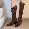 Botas Longas Retrô de Cano Alto Dobráveis Bidirecionais com Fivela de Cinto, Botas Western de Salto Grosso para Mulheres, Botas Longas de Salto Alto Acima do Joelho