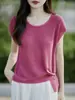 Camiseta de Punto de Lino Redonda Transfronteriza para Mujer Verano 2026 Nuevo Estilo Coreano Holgada Casual Irregular Adelgazante