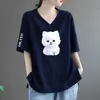 Comércio Exterior Transfronteiriço Roupas de Verão para Mães Estampadas Decote V Solto Tamanho Grande Casual Elegante Camiseta Feminina para Mulheres de Meia-Idade