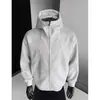 Moletom com capuz masculino estilo high street americano, modelagem solta, gola alta estruturada, cardigã patchwork, jaqueta com design de outono