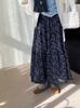 Al final de la falda de florales con forro de polar retro azul coreano para mujer, falda de invierno cálida de cintura alta con caída tipo paraguas 2320