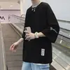 Nueva Camiseta de Verano 2025 para Hombre de Manga Tres Cuartos, Marca de Moda, Estilo Hong Kong, Corte Holgado, Tallas Grandes, Top Casual de Peso Pesado