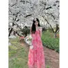 2026 Verano Sanya Vacaciones Socialité Largo Bohemio Estampado Floral Tirantes Hada Princesa Vestido Teñido Anudado