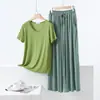 Conjunto de Duas Peças Feminino de Verão: Camiseta de Manga Curta com Decote em V de Modal e Calça Pantalona Solta Tamanho Grande para Casa