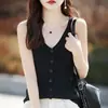 Chaleco tejido para mujer, cuello en V, lana peinada, color liso, a rayas, sin mangas, cierre de botón en la parte inferior, adelgazante, para commuting, primavera y verano, nuevo