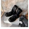 Versão em Couro~Novas Botas Elegantes de Salto Grosso com Solado Grosso, Bico Redondo, Design Pregueado, Zíper nas Costas e Botas Curtas de Couro Genuíno para Mulheres