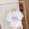 Roupas infantis coreanas 2024 moda verão para meninas camiseta curta simples com letra infantil top de manga curta com cordão de seda gelada