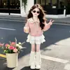 Conjunto de dos piezas: top preppy de manga larga estilo coreano de moda con cuello marinero y una dulce falda escalonada con ribete de encaje