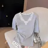Tienda Insignia Shanghai Danong / Vestido de Verano 2026 para Mujer de Encaje Azul Neblina con Cuello en V y Manga Corta, Corte Ajustado