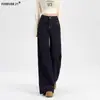 Jeans Wide-Leg Azul Denim Americano com Micro Flare para Mulheres, Calças Flared Tendência Nova com Caimento Solto Comprimento Total para Primavera e Verão