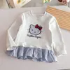 Camiseta Longa Estilo Coreano para Meninas, Nova Blusa de Bordado de Gato Cartoon Primavera/Outono, Roupas Infantis Xadrez Fresco com Renda 3