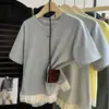 Camiseta de Manga Corta de Verano Talla Grande para Mujer Estilo Coreano Nueva Costura de Retazos con Volantes Cubre Imperfecciones Top Ajustado de Hombro Regular para Talla Grande 300 Jin
