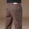 Pantalones Casuales Grises de Alta Gama de Hong Kong para Hombre 2025 Nuevo Otoño Ajustados Pantalones Rectos de Negocios Forrados de Polar Engrosados