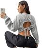 Moletom Europeu e Americano Transfronteiriço Cintura Alta com Cordão na Altura do Umbigo Peça de Roupa Externa Curta Versão Grande Manga Longa Solta Camiseta