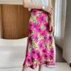 Falda floral para mujer, nuevo estilo de verano, falda de satén de acetato elástico de cintura alta, elegante falda midi de media longitud