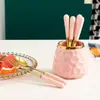 Juego de tarro de tenedores de fruta de cerámica de lujo, tenedores de postre macaron, tenedores de fruta de acero inoxidable, cubertería para el hogar al por mayor