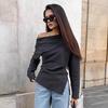Camiseta de Punto de Hombros Descubiertos para Mujer Estilo Hot Girl Primavera 2026 Moda Transfronteriza Europea y Americana Suéter Negro Camisa Base Ropa Elegante para Mujer