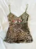Camisola de malla estilo retro bohemio americano con bloques de color, estampado de leopardo, encaje floral y escote en V