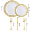 50 Platos Desechables de Plástico Oro Rosa para Cena, Platos con Borde Dorado, Juegos de Cubiertos y Cucharas, Juegos de Vajilla de Platos de Postre de Plástico PS