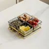 Prato de frutas de vidro de luxo leve, prato criativo dividido para lanches na sala de estar da casa, prato de lanches de frutas secas, prato de sobremesa, prato de frutas e doces