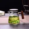 Tetera de Vidrio Resistente al Calor con Forma de Media Luna y Mango de Madera, Embudo de Té Integrado de Vidrio de Borosilicato Alto