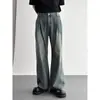 Calça jeans plissada de alta qualidade estilo Hong Kong para homens, calça reta solta estilo retrô americano, lavada, desgastada, com efeito de caimento