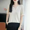 2026 Primavera/Verano Nuevo Top de Camiseta de Punto para Mujer, Cuello en V, Manga Corta, Color Sólido, Hueco, Venta al por Mayor