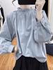 Primavera e Verão Lotus Collar Lantern Manga Algodão Linho de manga comprida Mulheres Idade reduzindo Top Novo Pullover Retrô Loose Carne coberta T-shirt