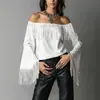 Top vintage europeu e americano com franjas para mulheres, nova camiseta de camurça de um ombro com manga sino estilo western, ombro a ombro