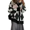 Primavera e Outono Novo Padrão de Diamante Japonês e Coreano Estilo Doce Preguiçoso Cardigan de Malha Feminino Suéter Jaqueta Top de Cor Contrastante Solto