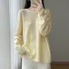 Novo suéter de malha gola redonda 100% lã feminino para outono e inverno, manga longa, bordado à mão, modelagem solta, top macio e amigo da pele