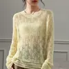 Blusa de Tricô com Gola Redonda, Texturizada, Vazada, de Tencel e Linho, com Proteção Solar para Mulheres, Verão, Caimento Solto, Ombro Caído, Manga Longa, Blusa Amarela